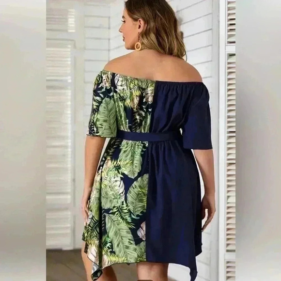 SHEIN Plus Tropical Off The Shoulder Belted Dress - Picture 2 of 7